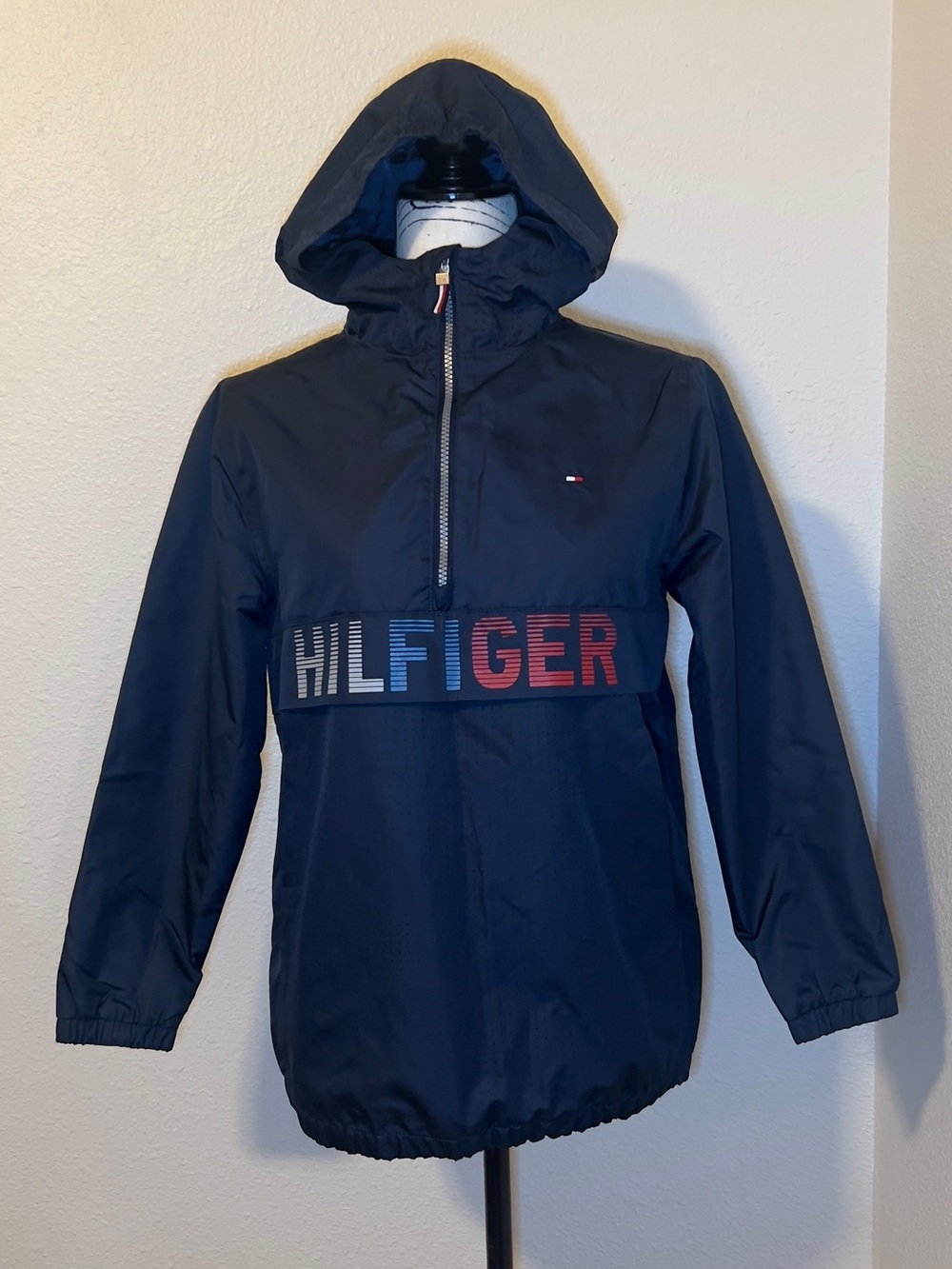 Tommy Hilfiger Navy Hooded Pullover Raincoat with Tricolor Logo
